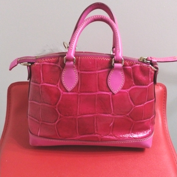 Dooney & Bourke Pink Leather Satchel Pink Croc Embossed with Pom Purse Charms - Picture 8 of 15